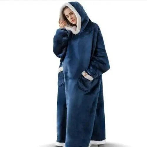 Oversized fleece hoodie blanket Stevvex navy blue with white trim unisex giant TV hoodie on Tampa Home & Garden Store