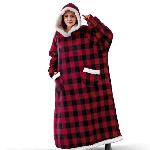 Stevvex oversized hoodie blanket red black plaid with white faux fur trim and pockets on Tampa Home & Garden Store