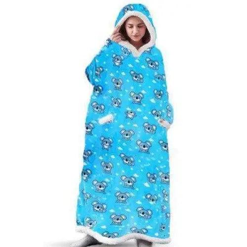 Stevvex oversized hoodie blanket with sleeves in blue koala print fleece model on Tampa Home & Garden Store