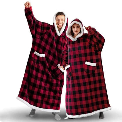 Stevvex oversized red-plaid hoodie blanket with white sherpa trim, two models on Tampa Home & Garden Store