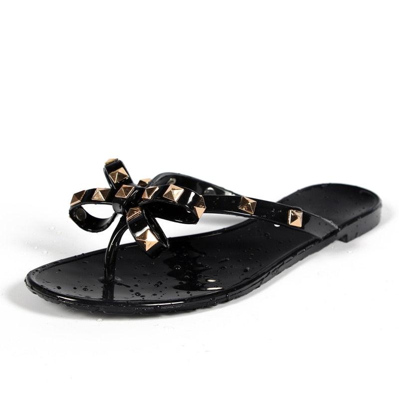 Stevvex black bow-knot flip flop sandal with gold stud accents, thong beach sandal on Tampa Home & Garden Store