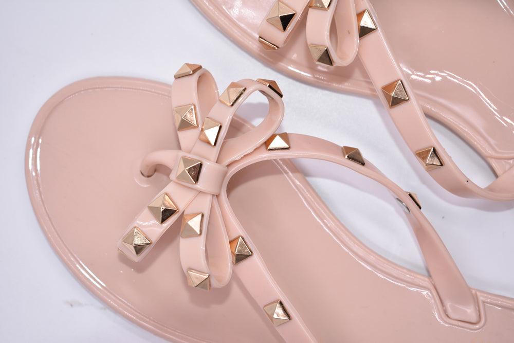 Stevvex pink bow sandals with gold pyramid studs, flat thong style on Tampa Home & Garden Store