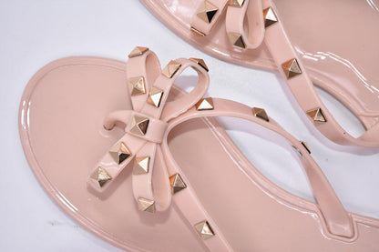 Stevvex pink bow sandals with gold pyramid studs, flat thong style on Tampa Home & Garden Store