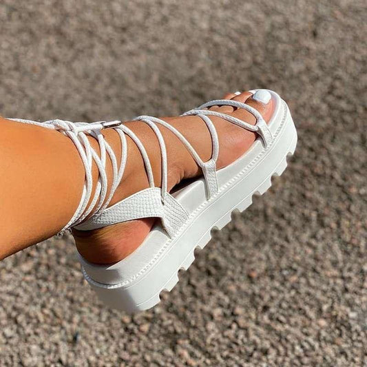 Stevvex white lace-up platform sandal with cross straps and chunky sole for casual outdoor wear on Tampa Home & Garden Store