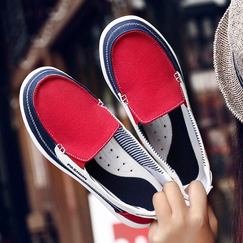 Women red canvas espadrille flats with navy trim slip-on casual sneakers on Tampa Home & Garden Store
