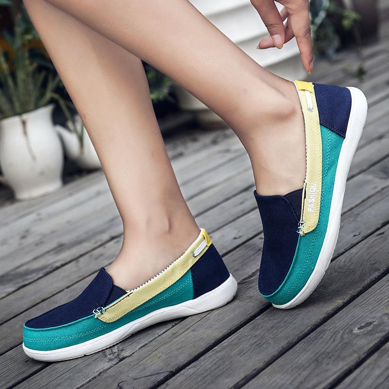 Stevvex women's espadrille flats in navy, teal, yellow with white sole slip-on casual shoes on Tampa Home & Garden Store