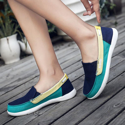 Stevvex women's espadrille flats in navy, teal, yellow with white sole slip-on casual shoes on Tampa Home & Garden Store