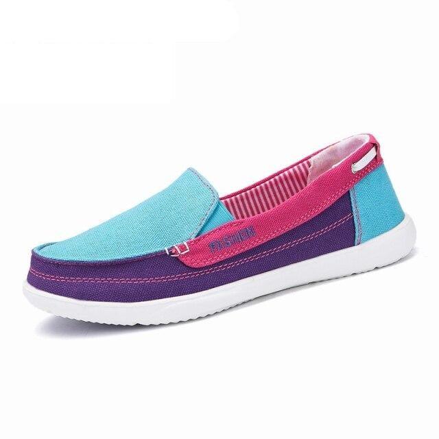 Stevvex espadrille slip-on sneakers with blue canvas upper, purple band and pink strap, white sole on Tampa Home & Garden Store