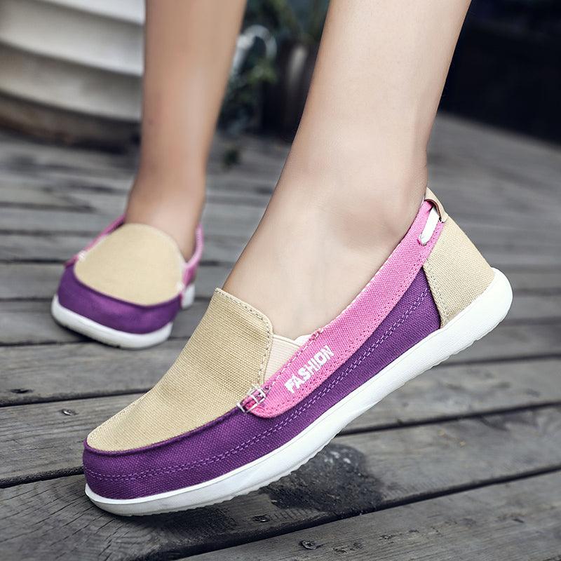 Fashion Women Flat Shoes two-tone beige and purple canvas espadrille slip-ons, casual walking flats on Tampa Home & Garden Store