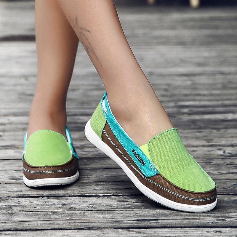 Stevvex fashion women flat shoes lime green canvas espadrille slip-on with brown trim on Tampa Home & Garden Store