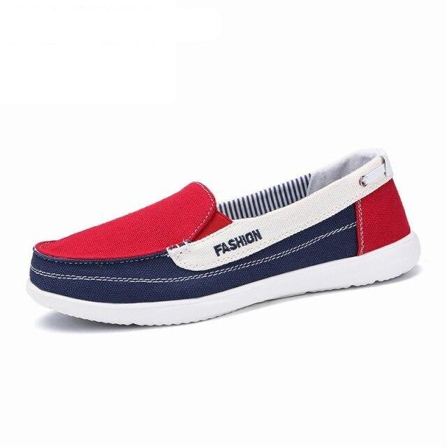 Stevvex women casual canvas espadrille sneaker, red toe navy body, white sole slip-on on Tampa Home & Garden Store