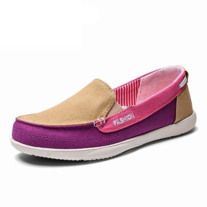 Stevvex women's espadrille flat shoe with beige toe, purple midsection, pink strap, white sole on Tampa Home & Garden Store