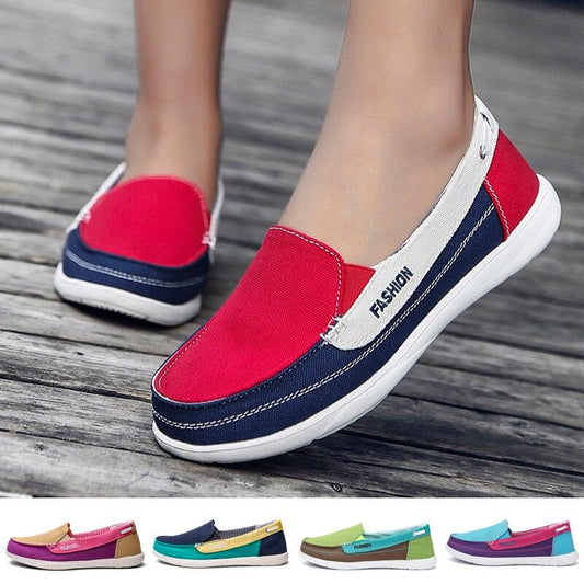 Fashion women flat espadrille slip-on Stevvex with red canvas upper denim trim six colors on Tampa Home & Garden Store