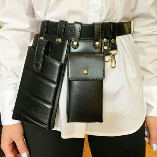 Stevvex black leather fanny pack with two pockets and gold hardware on Tampa Home & Garden Store