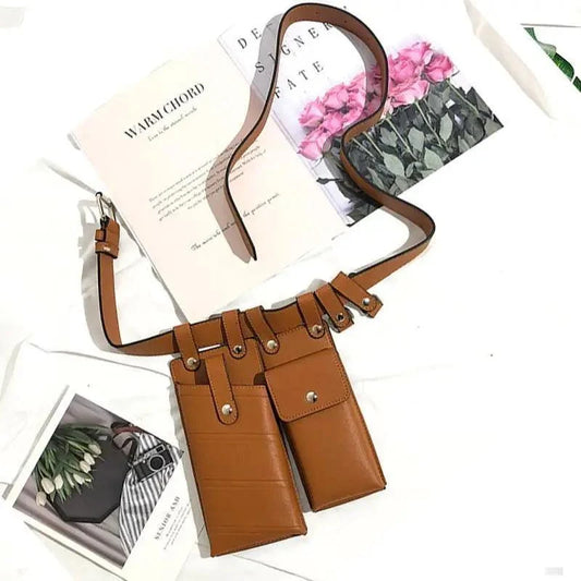 Brown leather fanny pack by Stevvex with multiple front pockets and adjustable strap on Tampa Home & Garden Store