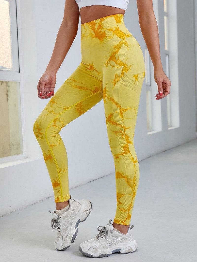 Stevvex yellow tie-dye high-waist leggings for fitness and yoga pants gym compression on Tampa Home & Garden Store
