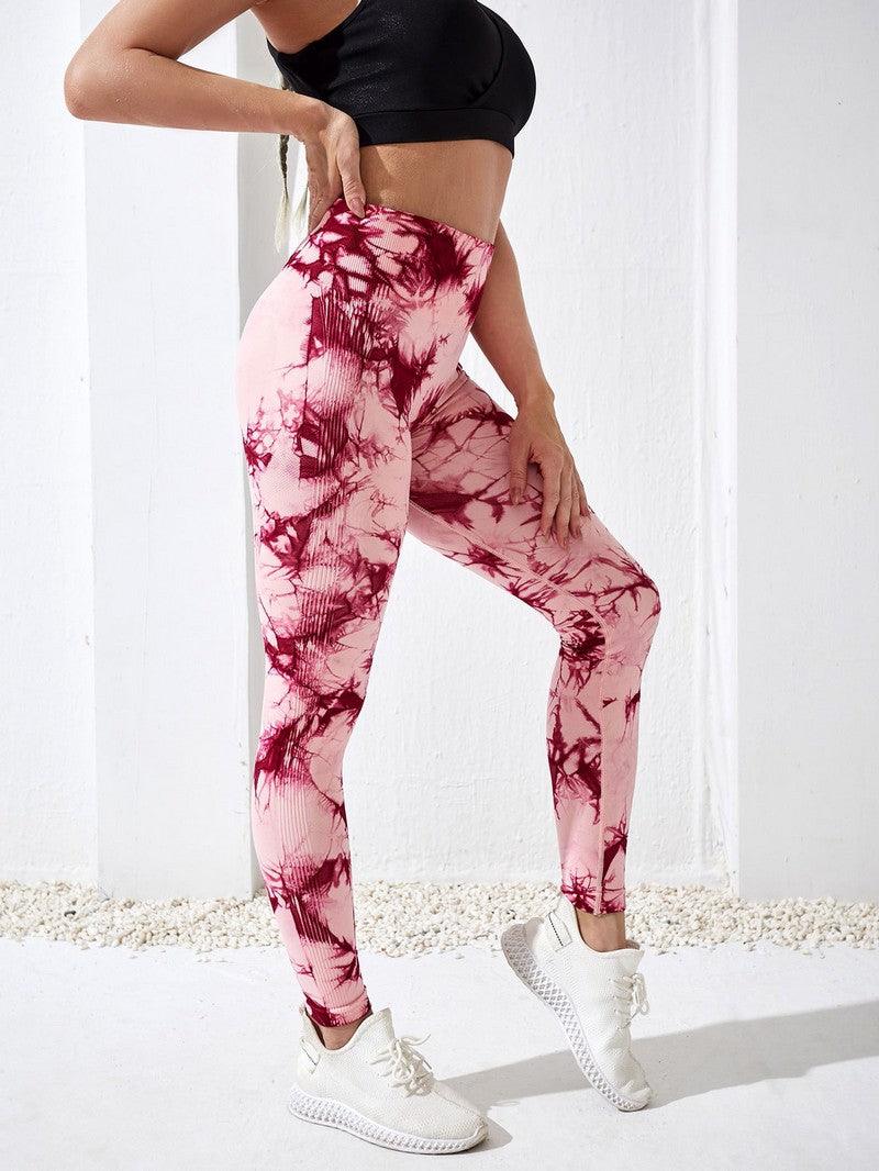 Women's Stevvex high waist tie-dye leggings for fitness and yoga pink burgundy seamless gym pants on Tampa Home & Garden Store