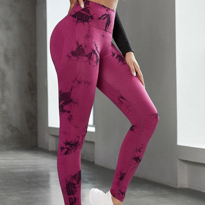 Leggings Stevvex ST75LGOPL510 pink tie-dye high-waist yoga pants with black marbling on Tampa Home & Garden Store
