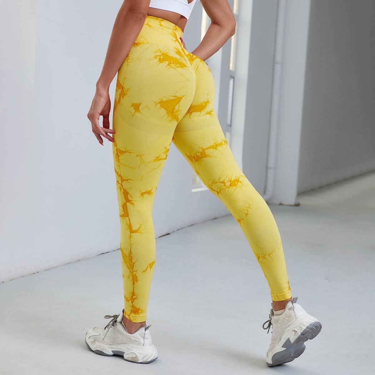 Leggings Stevvex yellow tie-dye high-waist for fitness yoga, seamless compression gym pants on Tampa Home & Garden Store