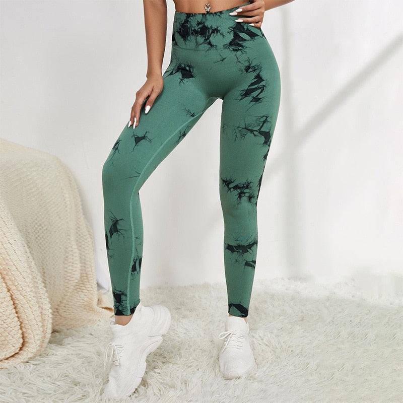 Stevvex leggings green tie-dye, high-waist tummy-control seamless workout pants for fitness on Tampa Home & Garden Store