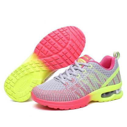 Stevvex women's running sneakers gray mesh with neon pink lime outsole air cushion on Tampa Home & Garden Store