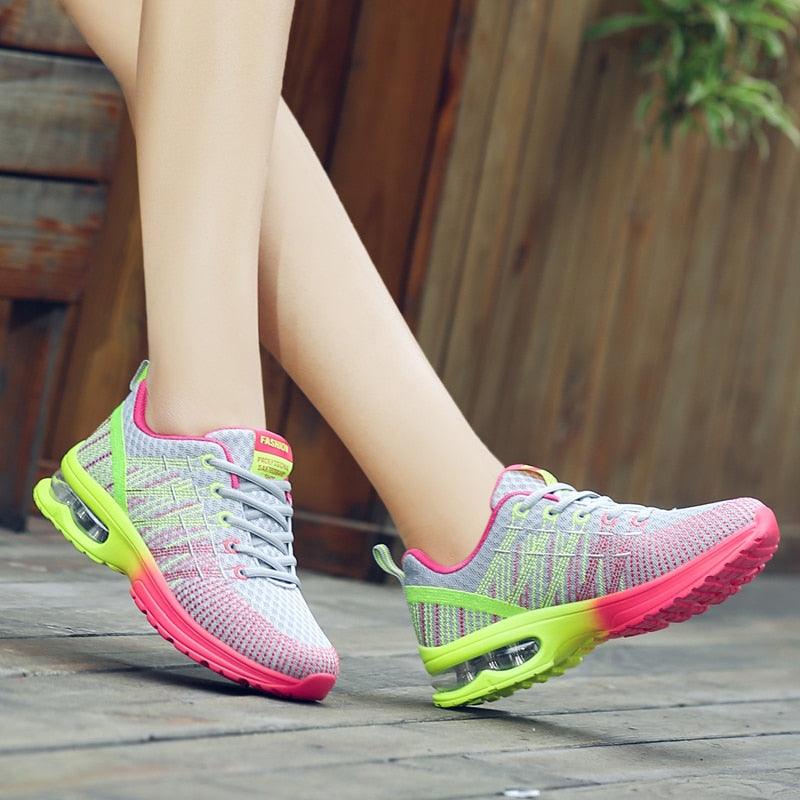 Stevvex women's lightweight running shoes gray mesh with neon pink and lime air-cushion sole on Tampa Home & Garden Store