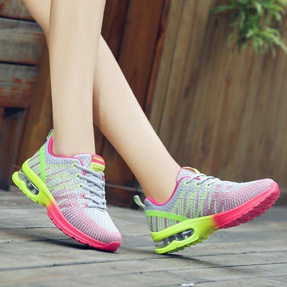 Stevvex women's lightweight running shoes gray mesh with neon pink and lime air-cushion sole on Tampa Home & Garden Store