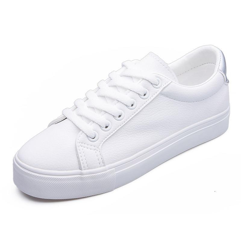 Stevvex white leather sneakers lace-up low-top vulcanized casual shoes for women on Tampa Home & Garden Store