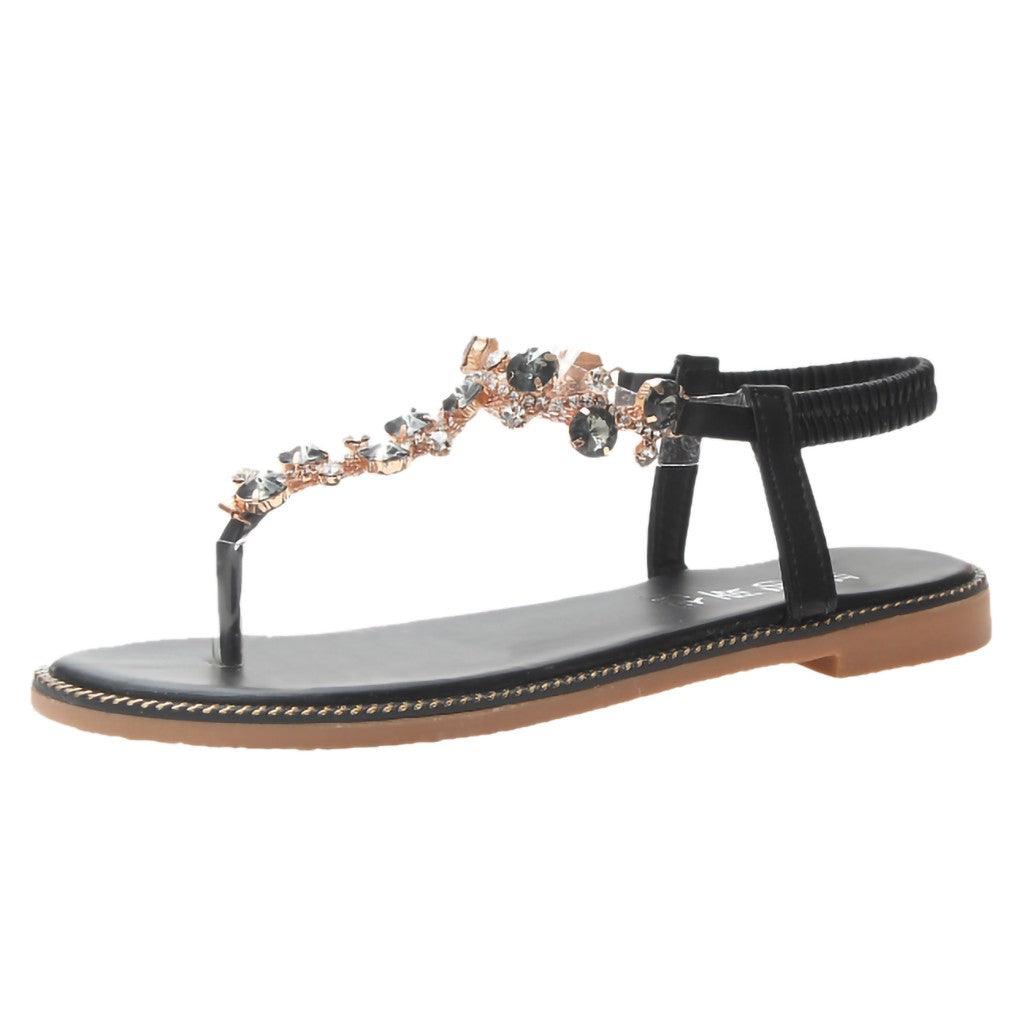 Fashion Women Sandals Stevvex jeweled T-strap, black straps, flat sole with rhinestones on Tampa Home & Garden Store