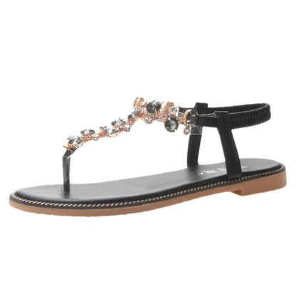 Fashion Women Sandals Stevvex jeweled T-strap, black straps, flat sole with rhinestones on Tampa Home & Garden Store