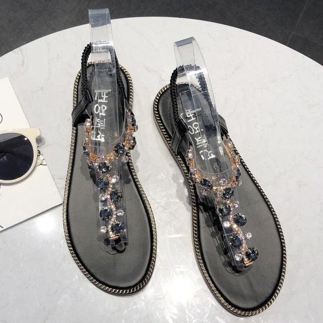 Stevvex women's platform rhinestone sandals with clear straps and jeweled detailing on black sole on Tampa Home & Garden Store