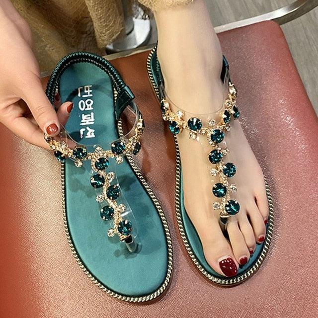 Stevvex jeweled sandals for women with teal footbed and rhinestone chain straps, one pair on Tampa Home & Garden Store