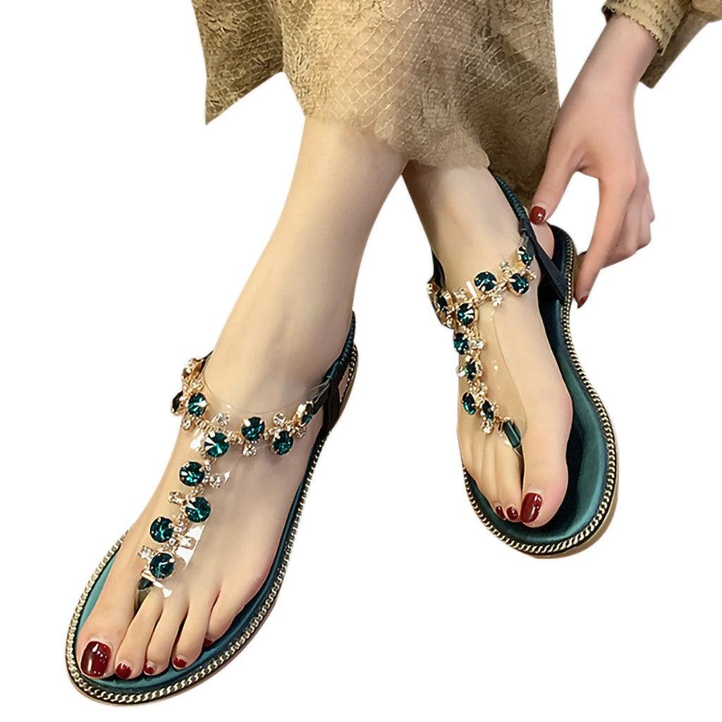 Stevvex women's jeweled sandals with clear T-strap and emerald rhinestones, teal footbed on Tampa Home & Garden Store