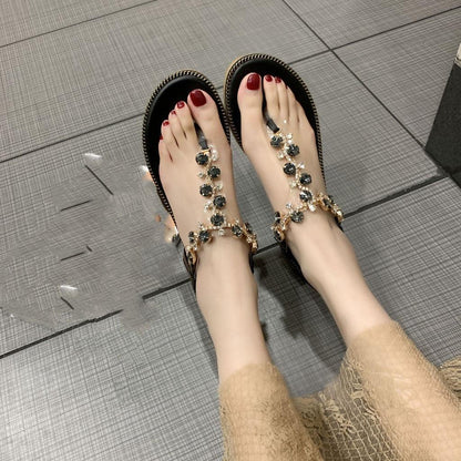 Stevvex jeweled sandals with black rhinestones and gold-tone chains on Tampa Home & Garden Store