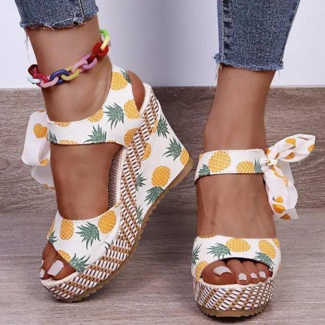 Fashion Women Sandals by Stevvex with pineapple print, wedge espadrille sole, ankle bow on Tampa Home & Garden Store