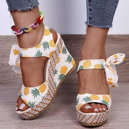 Fashion Women Sandals by Stevvex with pineapple print, wedge espadrille sole, ankle bow on Tampa Home & Garden Store