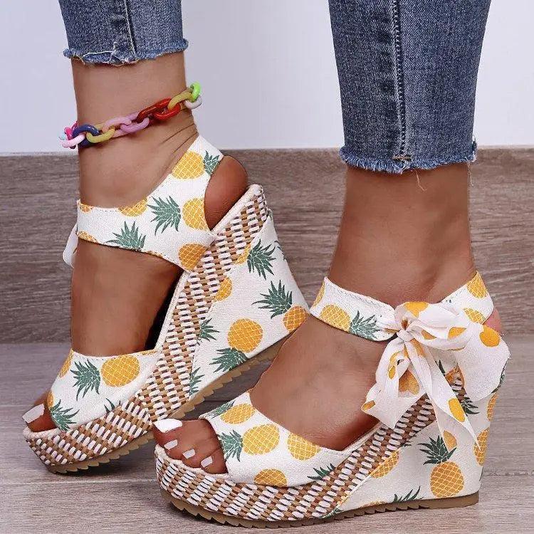 Stevvex pineapple print wedge sandals with white fabric, ankle tie bow, jute sole on Tampa Home & Garden Store