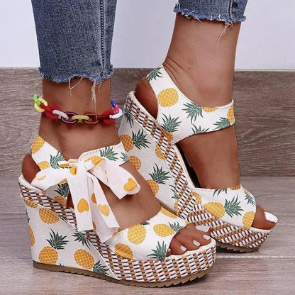 Stevvex wedge espadrille sandals with pineapple print and bow ankle strap on Tampa Home & Garden Store