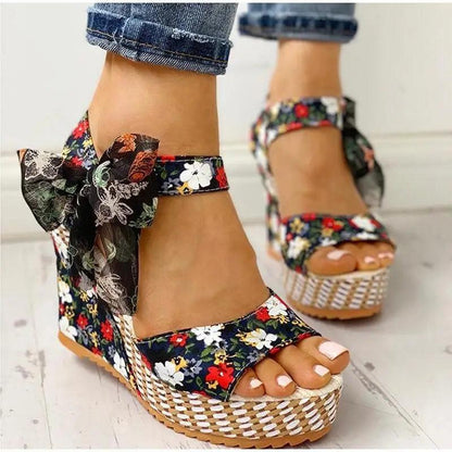 Stevvex floral print wedge sandals with ankle wrap bow and braided jute platform on Tampa Home & Garden Store