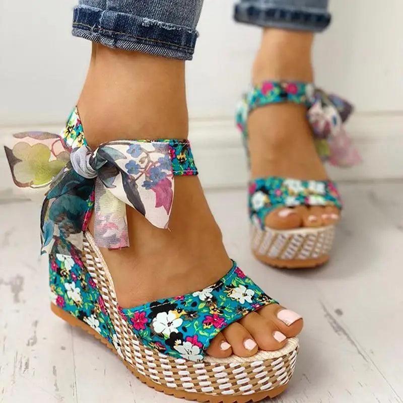Wedge sandals Stevvex floral print with bow ankle strap and braided jute platform on Tampa Home & Garden Store