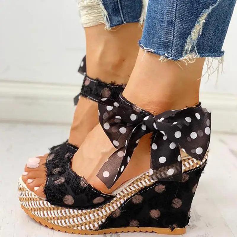 Stevvex women's wedge sandals with black polka-dot bow ankle strap and jute sole on Tampa Home & Garden Store