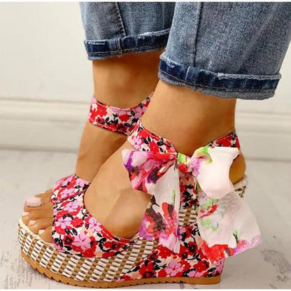 Stevvex Fashion Women Sandals pink-red floral print wedge with bow ankle strap on Tampa Home & Garden Store