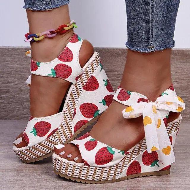 Stevvex wedge sandals with strawberry straps and bow accents, woven espadrille platform on Tampa Home & Garden Store