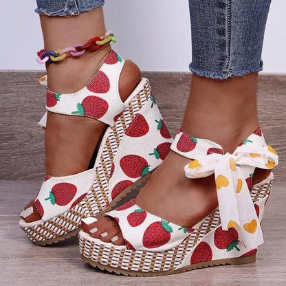 Stevvex wedge sandals with strawberry straps and bow accents, woven espadrille platform on Tampa Home & Garden Store