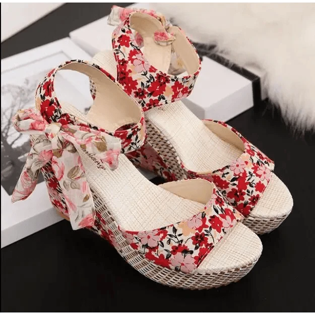 Stevvex floral wedge sandals pair with bow straps in red floral fabric on woven jute sole on Tampa Home & Garden Store