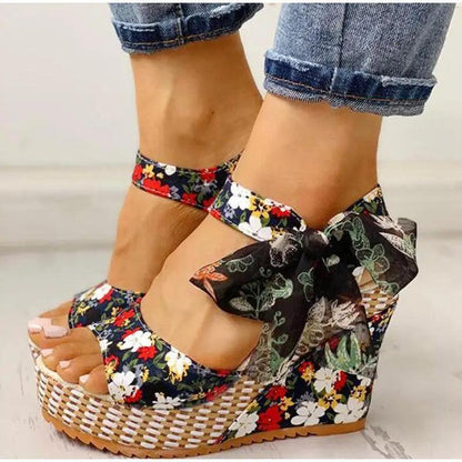 Stevvex floral wedge sandals for women with ankle strap, bow detail, multicolor blossoms on Tampa Home & Garden Store
