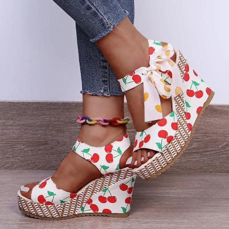 Stevvex cherry print wedge sandals with bow-strap ankle wrap, white fabric upper, jute platform on Tampa Home & Garden Store
