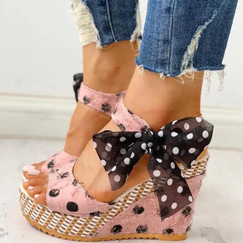 Stevvex pink wedge sandals with black polka dot bow, ankle strap, woven jute platform on Tampa Home & Garden Store