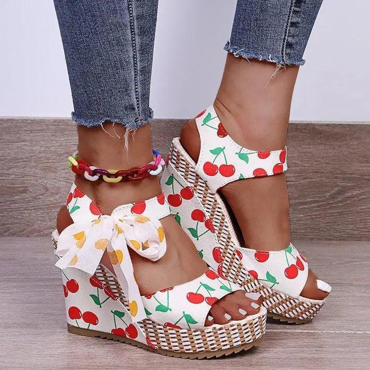 Stevvex cherry print wedge sandals with bow strap and woven espadrille sole open toe on Tampa Home & Garden Store