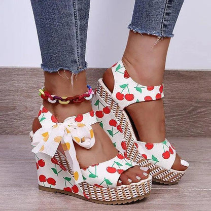 Stevvex cherry print wedge sandals with bow strap and woven espadrille sole open toe on Tampa Home & Garden Store